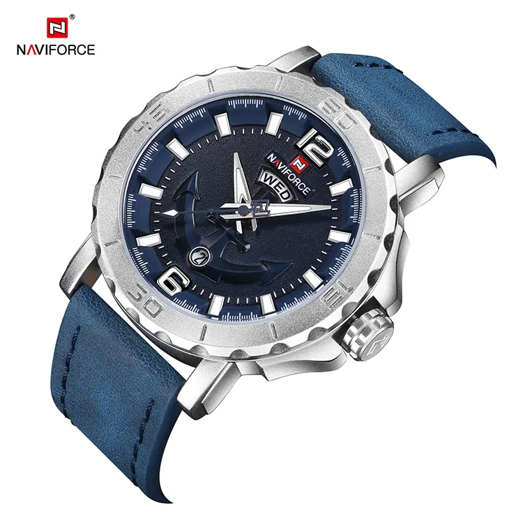 NAVIFORCE NF9122 reloj de cuarzo azul occidental para hombre, correa de cuero auténtico a prueba de agua, visualización de fecha, publicidad, reloj informal