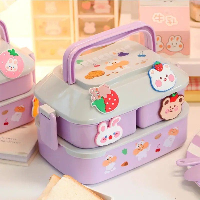 2024 Schattige Bento Lunchbox Dubbellaags Lunchbox Kinderschool Met Bestek