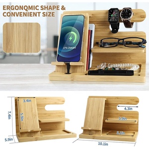 Multifunktion ale natürliche Holz Schlüssel halter Brieftasche Uhr Organizer Holz Docking Handy Bambus Ladestation Stand Station