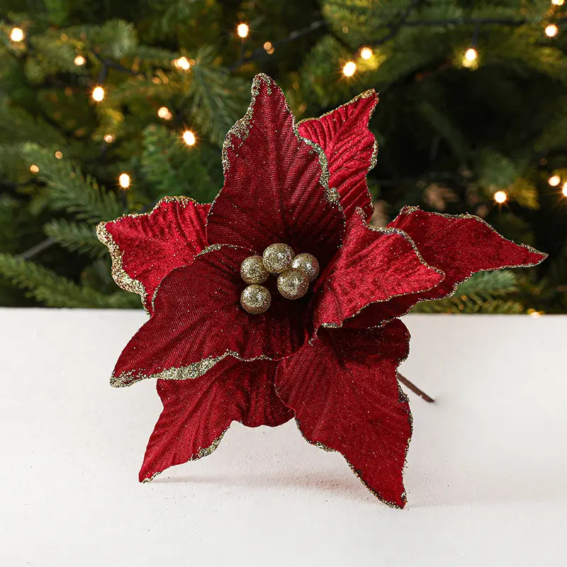 Fleur de Noël en Velours Poinsettia, Fleur Artificielle de 26cm, Décoration de la Maison