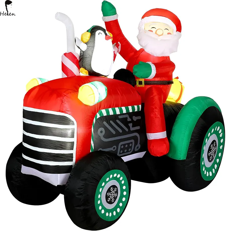 Helen Christmas gonfiabile babbo natale Drive trattore con pinguino LED Holiday Outdoor Blow up Yard decorazioni con luci