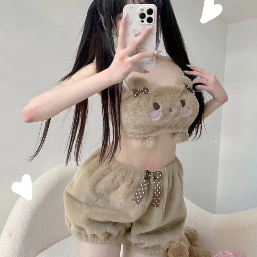 Kawaii Animals Coral Fleece Bra Set For Girls Cute Suit Women Shorts Underwear High Quality Japanese Mature Women Sexy Lingerie