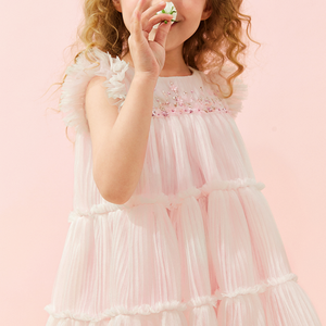 新ブティック甘い夏パーティー服手作り花ピンクプリーツメッシュドレス11〜12歳女の子花柄ドレス