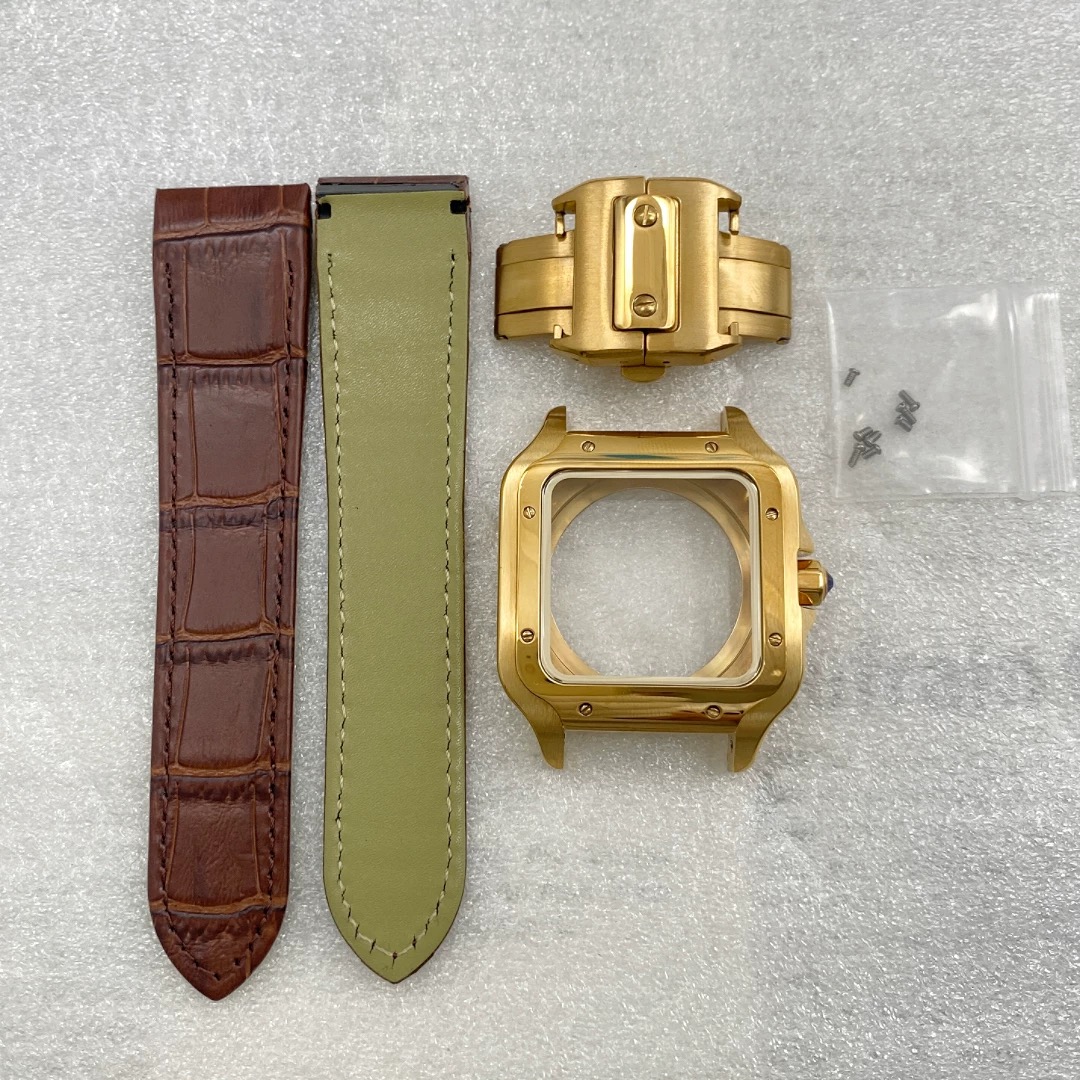 Boîtier doré - Bracelet en cuir marron