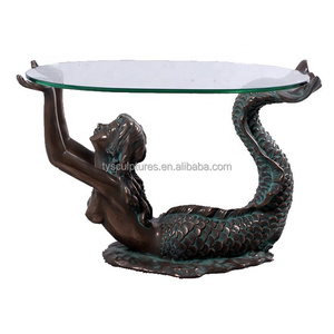 Tự Chế Điêu Khắc End Bảng Kim Loại Bàn Trà Nàng Tiên Cá Tượng Đồng Thủy Tinh Bàn Cà Phê - Product Image 5