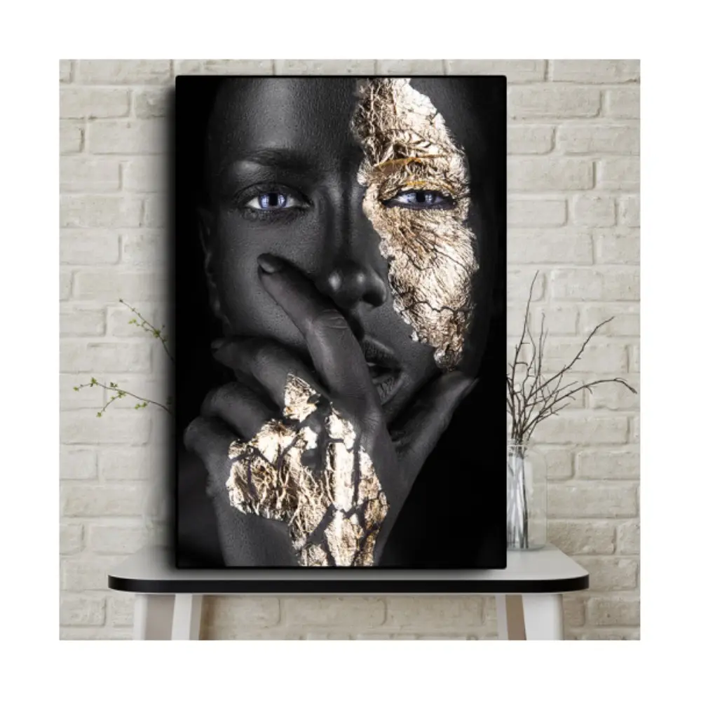 Cuadro de arte africano para mujer, pintura al óleo sobre lienzo, carteles e impresiones de pared escandinava, imagen artística para sala de estar, Oro Negro