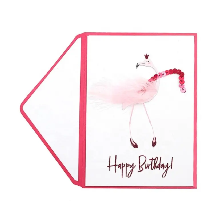 ファッションレディフラミンゴハッピーバースデーカード、ピンクの羽とスパンコールが付いた3D手作りグリーティングカード