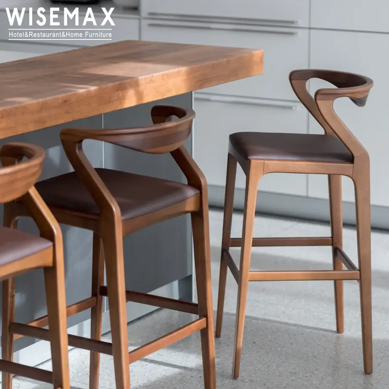 WISEMAX FURNITURE Muebles de restaurante comercial muebles de bar de madera maciza respaldo alto asiento de cuero PU taburete de bar alto de madera