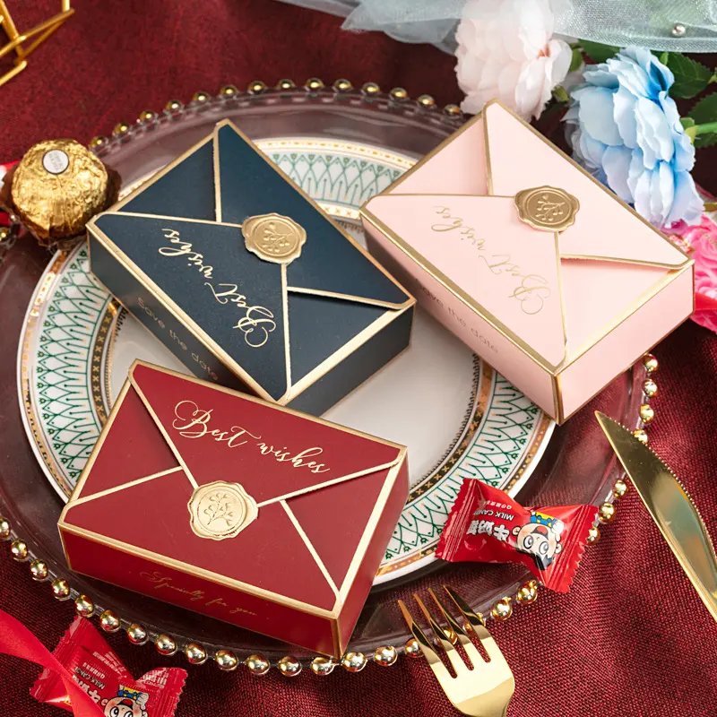 Goud Rood Blauw Beste Envelop Papieren Doos Met Handvat Snoepkoekje Chocolade Macaroon Bruiloft Geschenkverpakking
