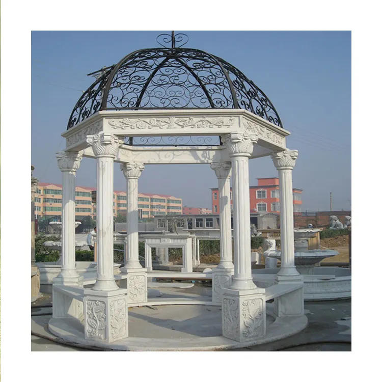 Gazebo moderno de piedra para jardín al aire libre, gazebo de mármol blanco con techo de metal para decoración de hierba