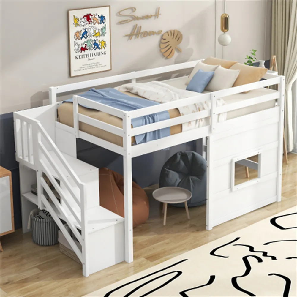 Litera de madera maciza con diseño europeo para niños, cama alta de madera de tamaño doble para niños con ventana de almacenamiento de escaleras