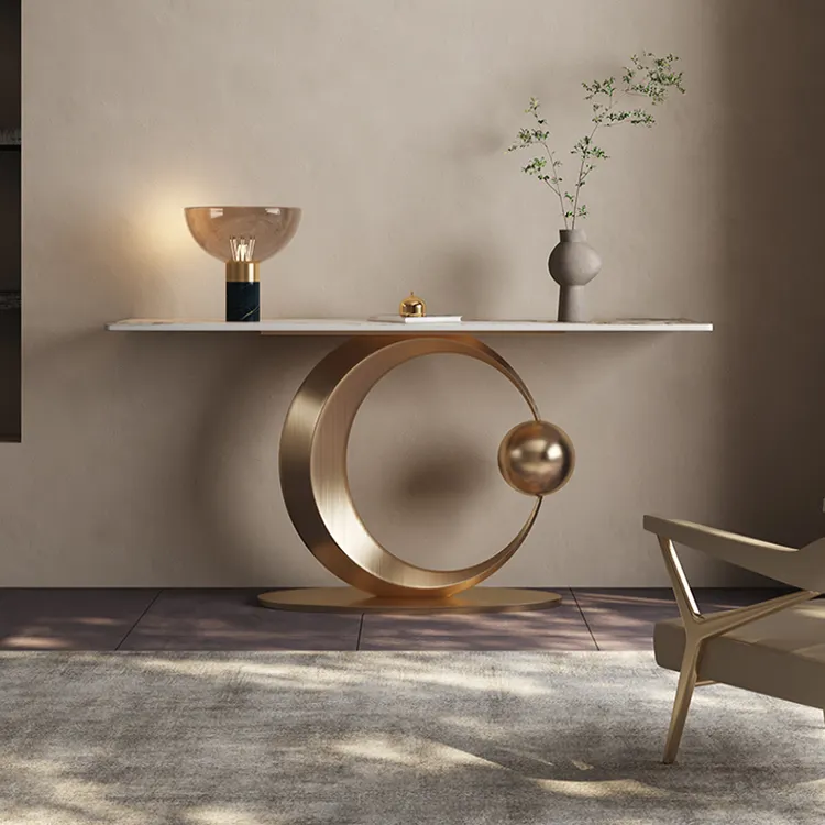 Table d'entrée en marbre pour hall d'entrée, meuble doré, Design bas quantité minimale de commande, Table d'entrée moderne en forme de lune