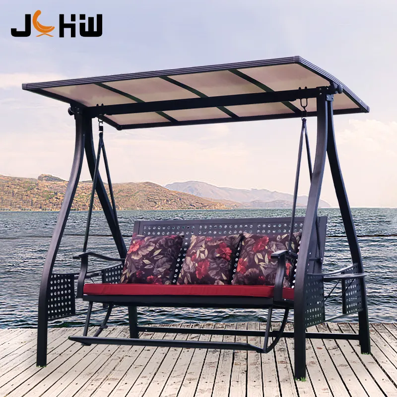 Hot sale 3 seats garden swing set with solar energy light metal balcony canopy patio swing