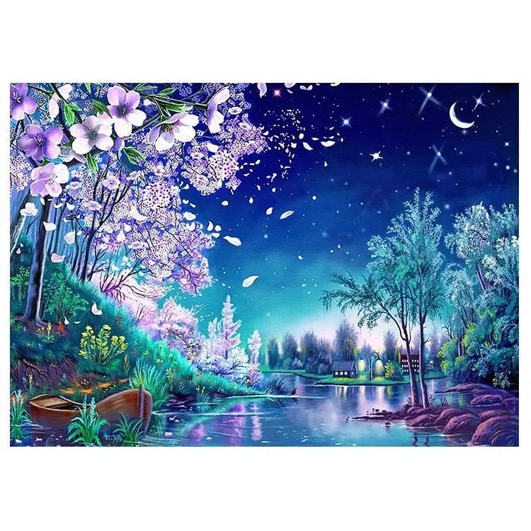 Alguna vez momento diamante pintura hecha a mano de flor de Lago árbol Luna Llena Plaza Rhinestone decoración arte 3F1113