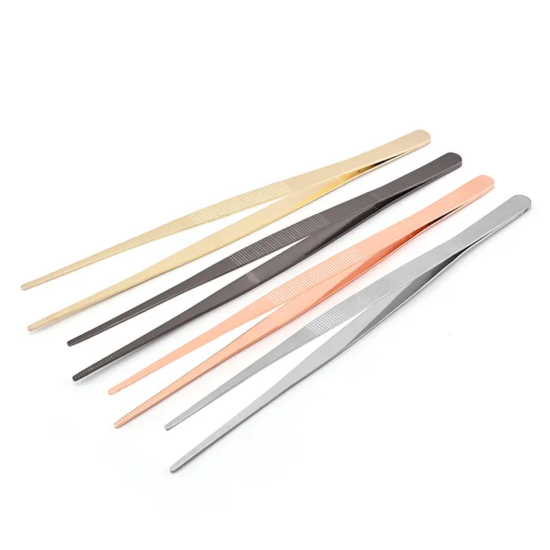 RTS 300mm Utensílios de cozinha polidos 304 pinça de aço inoxidável para churrasco pinças de ouro para decorar alimentos