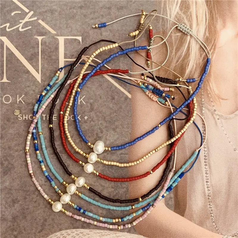 Pulsera de perlas naturales de estilo bohemio para mujer, brazalete de la amistad con perlas naturales, ajustable