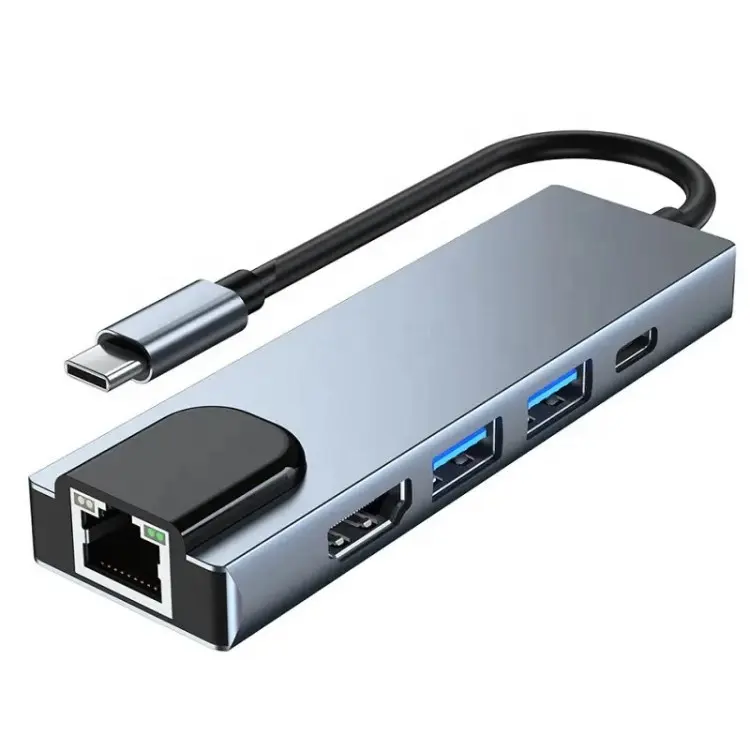 محول USB من النوع C إلى Rj45 محول متعدد الوظائف 5 في 1 USB C إلى hdtveeternet مع إيثرنت للكمبيوتر الشخصي/الكمبيوتر المحمول