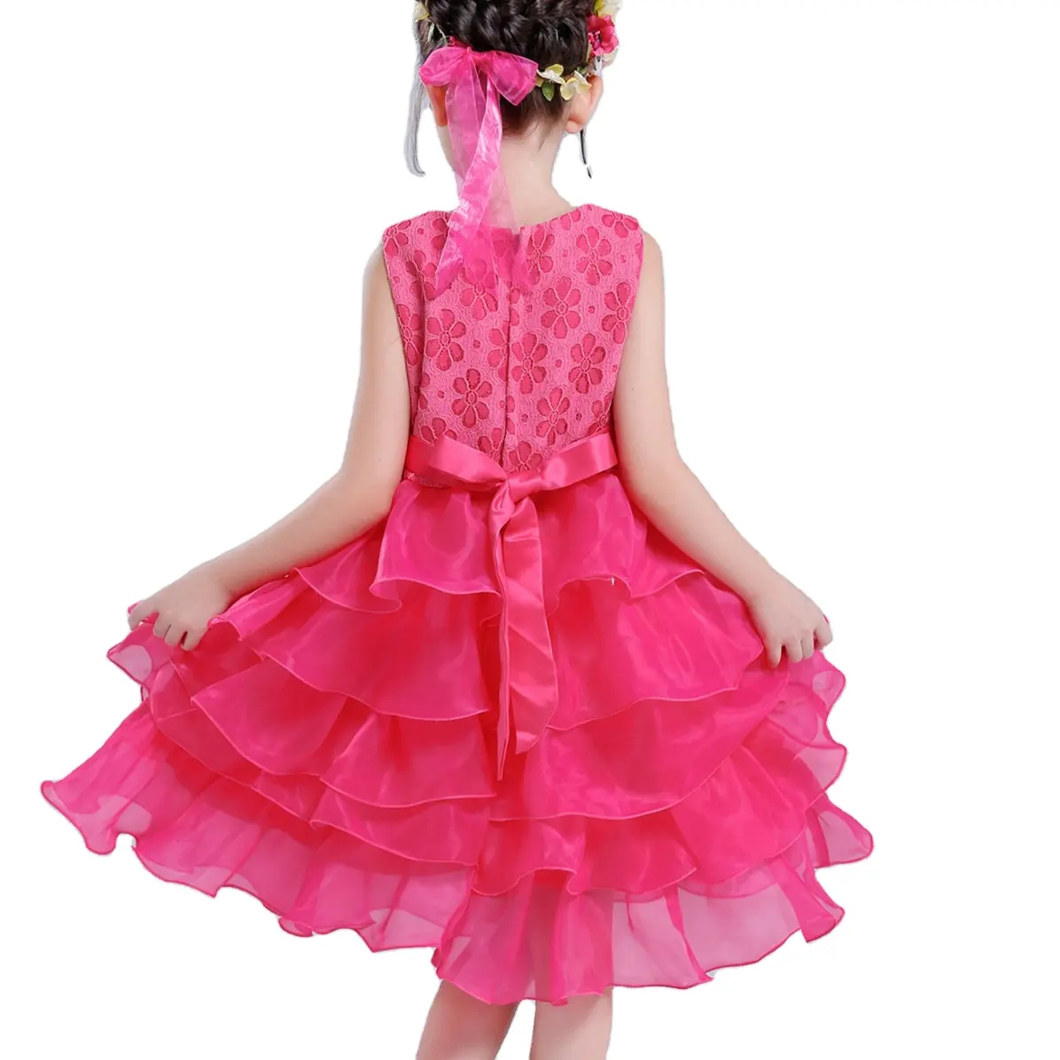 Summer red, pink white Bow crystal princess kids flower girls dresses for weeding