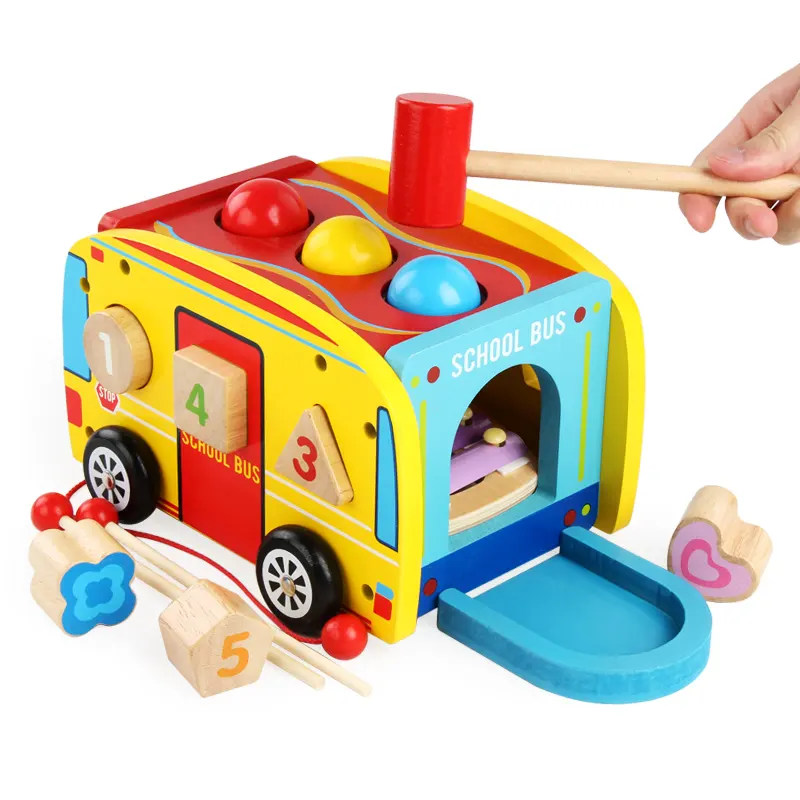 Wooden Knocking Game Shape Matching Toys Holz hämmern Pound ing Toys Multifunktion aler Schulbus-Handwagen