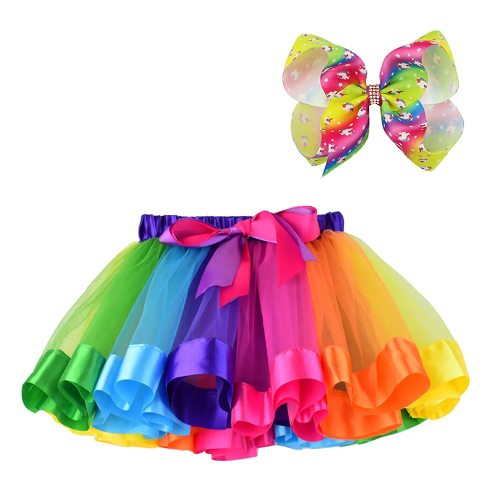 Falda tutú de tul arcoíris para ballet en capas al por mayor para niñas pequeñas, vestido con lazos coloridos para el pelo
