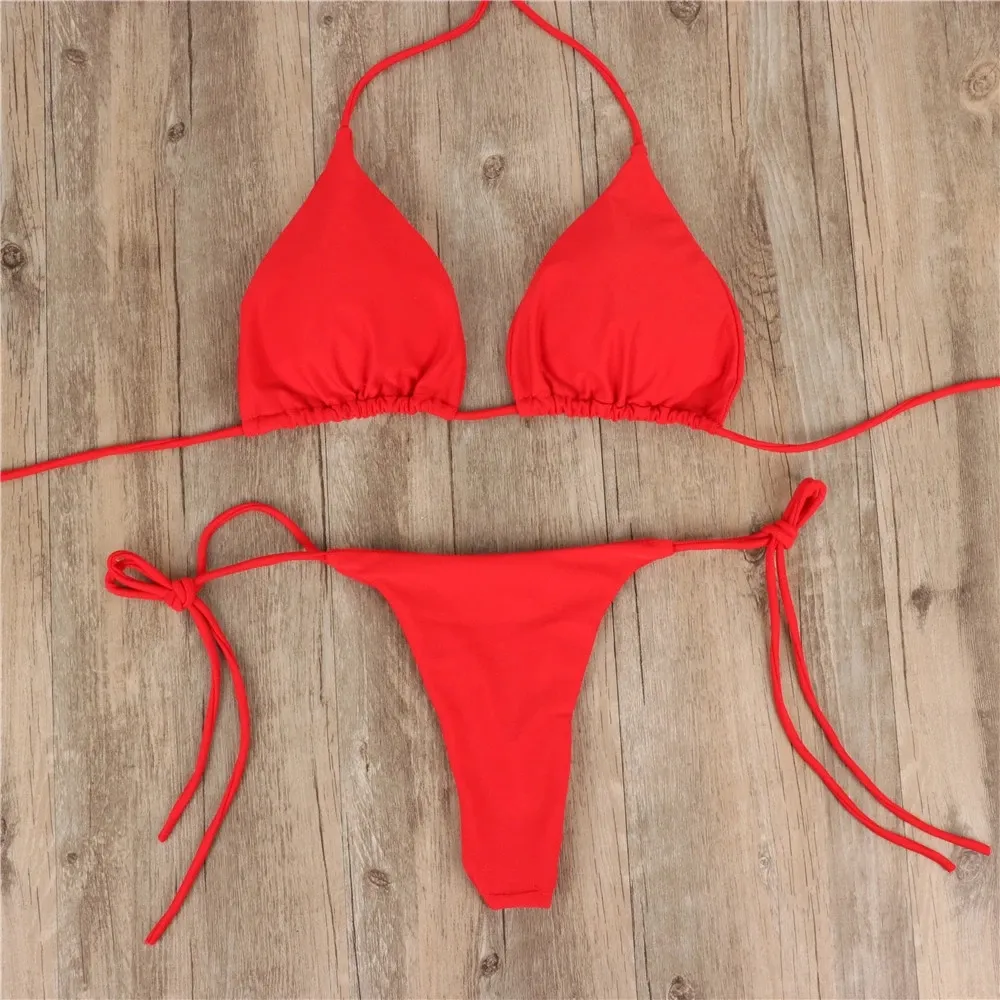 2023 barato al por mayor mujeres Sexy Color sólido Micro Bikini de dos piezas Tanga Bikini playa traje de baño