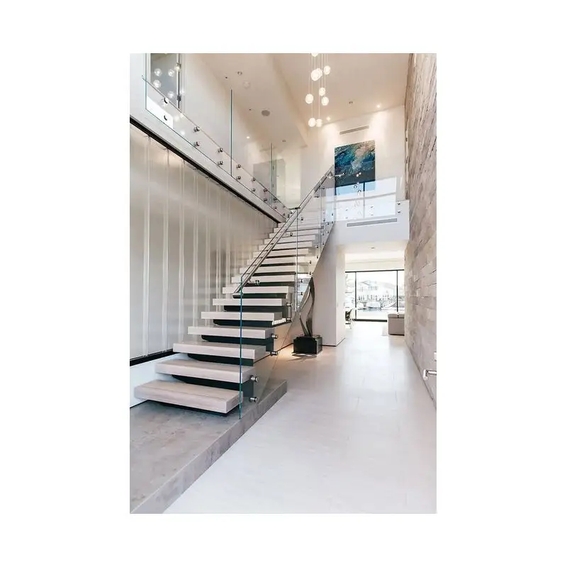 Prima nuevo estilo prefabricado exterior hogar escalera flotante mármol paso vidrio barandilla escalera