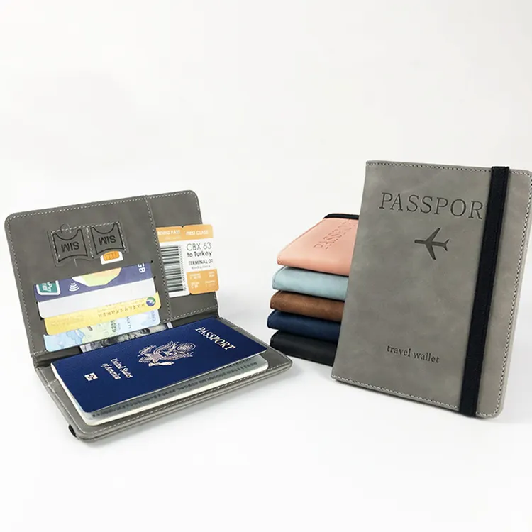 Capa para passaporte com logotipo personalizado, capa multifuncional para carteira de viagem rfid de couro pu com suporte para passaporte