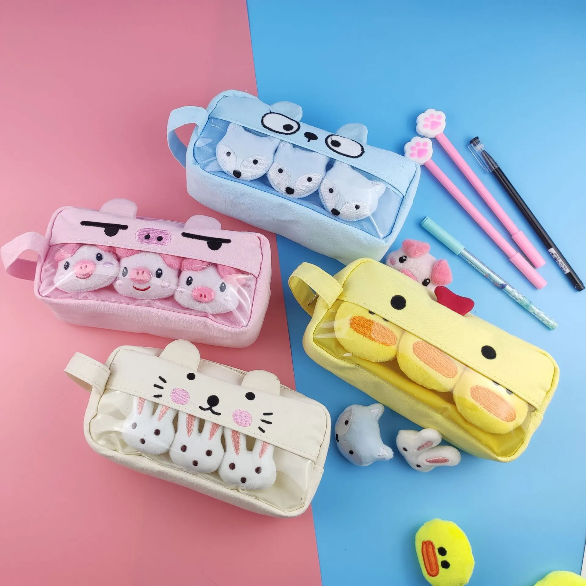 Plush Cute Pencil Case Large Capacity Pencil Case With Animal Brooch