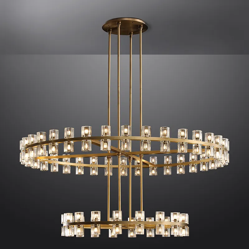 Lustre américain LED rond en duplex de luxe en métal doré pour villa, salon, ferme, anneau, suspensions