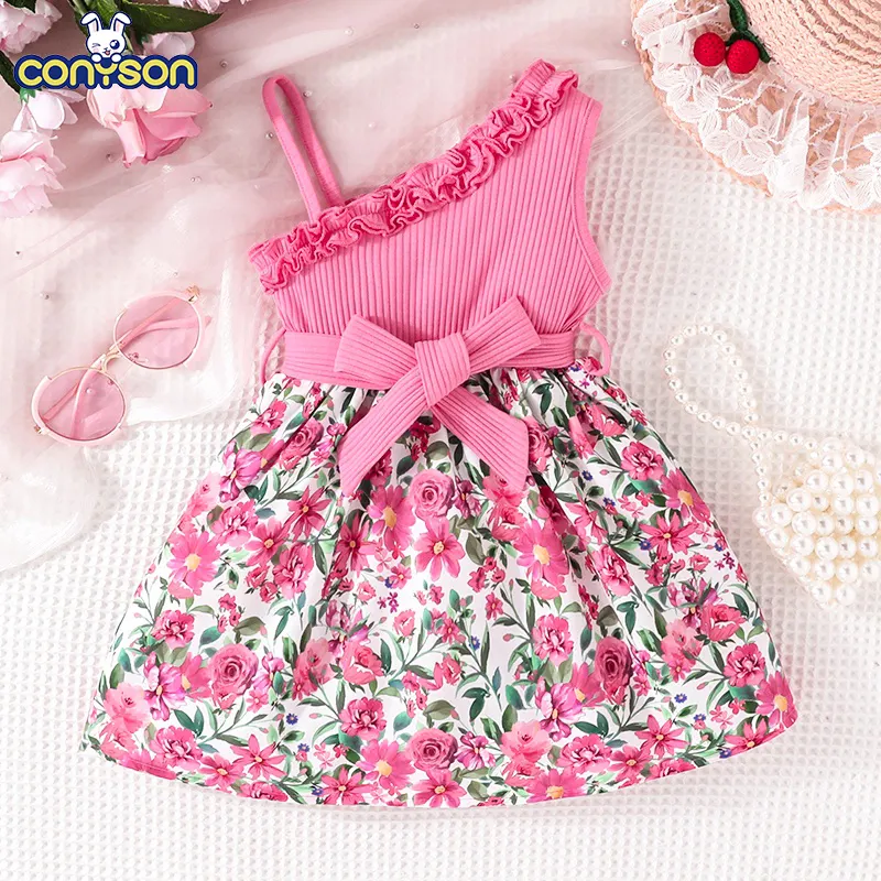 Conyson sıcak satış çocuklar elbise 1 - 6 yaşında doğum günü yaz Ruffles çiçek kapalı omuz kolsuz kız bebek prenses elbiseleri