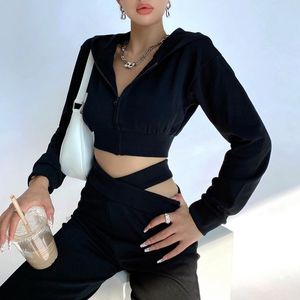 来样定做运动服新到流行长袖裁剪拉链连帽衫套装原创时尚裁剪上衣连帽衫和慢跑者套装