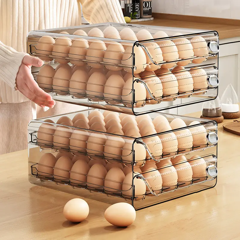 Recipiente para ovos 60 grades, recipiente transparente empilhável para geladeira, bandeja para ovos, 2 camadas e 3 tamanhos