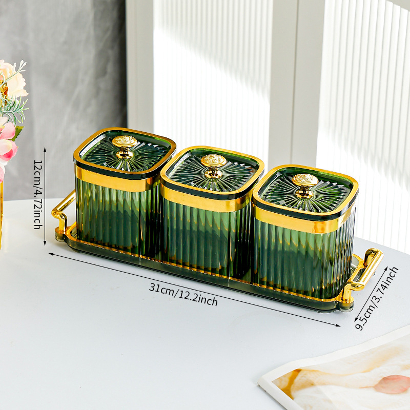 Fruit Green Square Jar with 3 Compartments - T-shaped Gold Handle