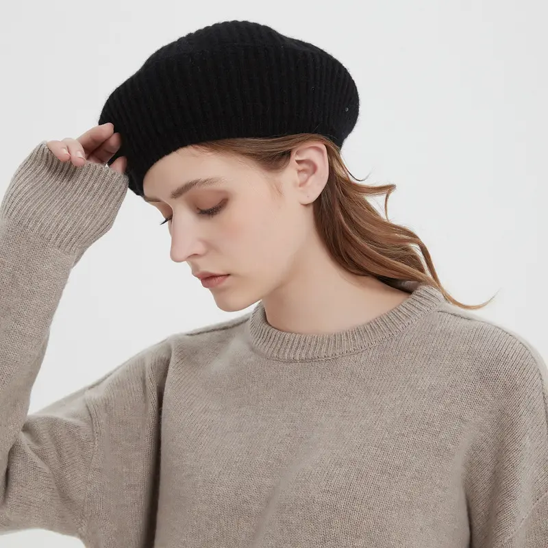 Sombrero de boina de lana de estilo francés personalizado para mujer, sombreros de boina de ganchillo en blanco de Color sólido para mujer de punto