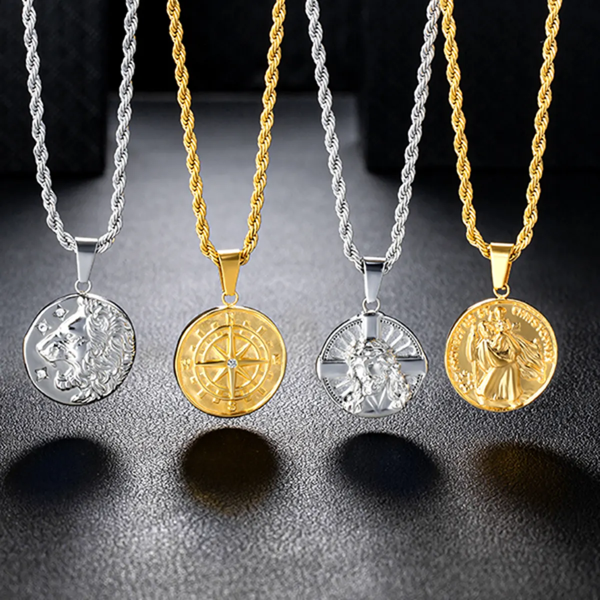 Customized Jewelry Loin Compass CHRISTOPHER Jesus Cross 18K Gold Plated Stainless Steel Pendant Gold Coin Necklace for Men Women