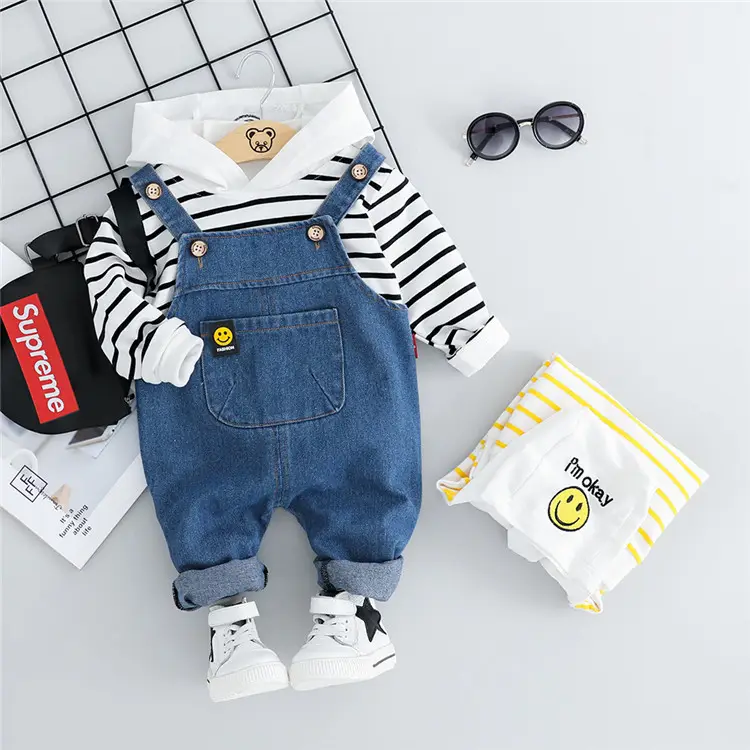 Kids Clothes Boys Clothing Sets Striped Hoodie' + Suspender Jeans Pant Two Piece Outfit Sets Spring Fall Kids Wears Fashion