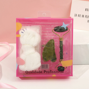 Yeşim rulo kuvars yüz masajı gua sha güzellik yüz masaj gül yeşim silindir seti için hairband ile yüz için kadın - Product Image 6