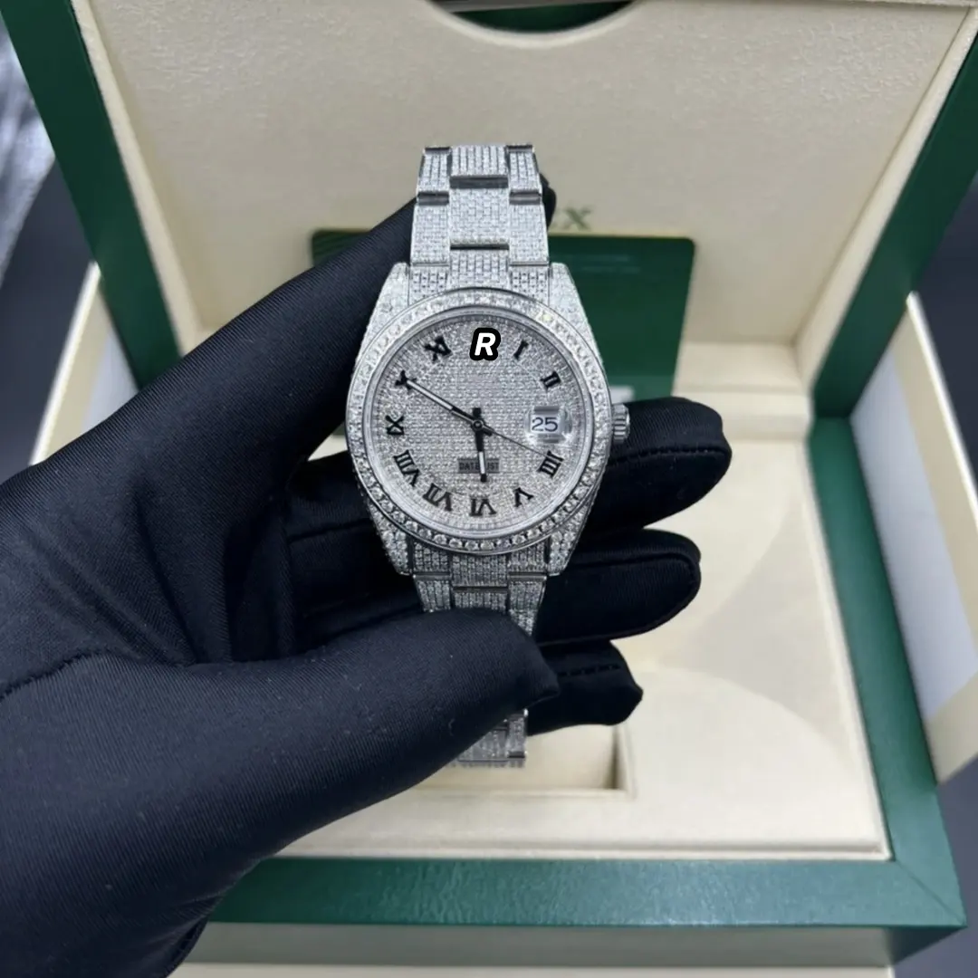 Relógio mecânico automático 5A com diamantes de luxo, conjunto de relógio de negócios em aço inoxidável com espelho de safira à prova d'água, de alta qualidade