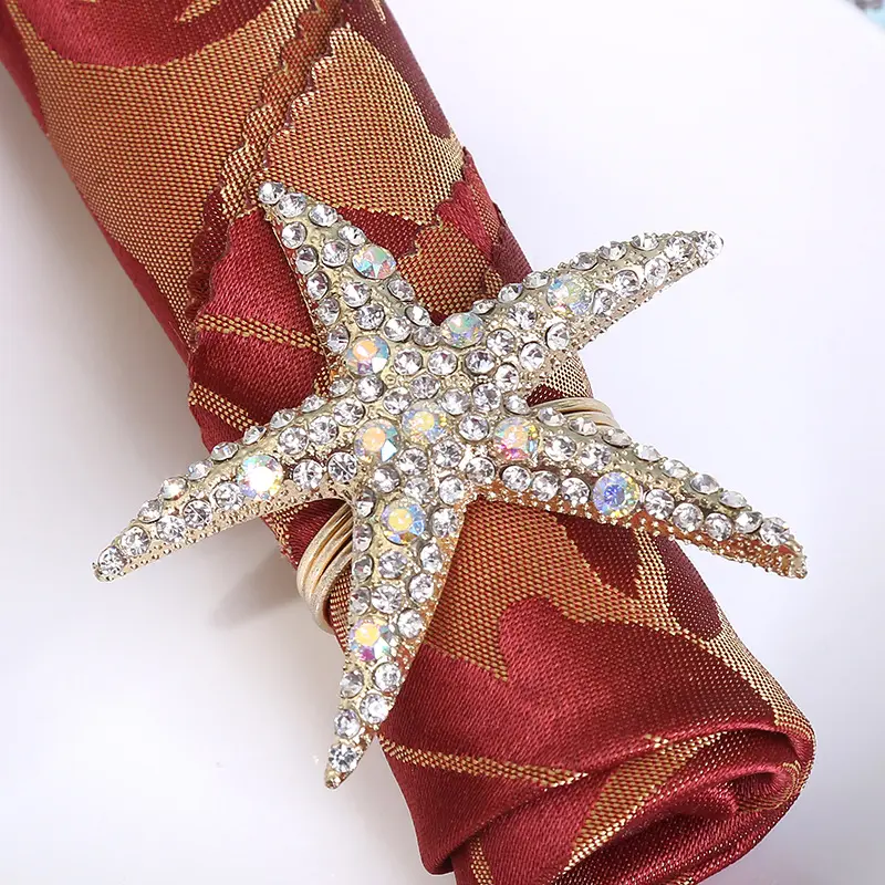 Servilletero de aleación de zinc chapado en oro y plata con malla metálica de estrella de mar y cristal de diamante, para regalos de boda