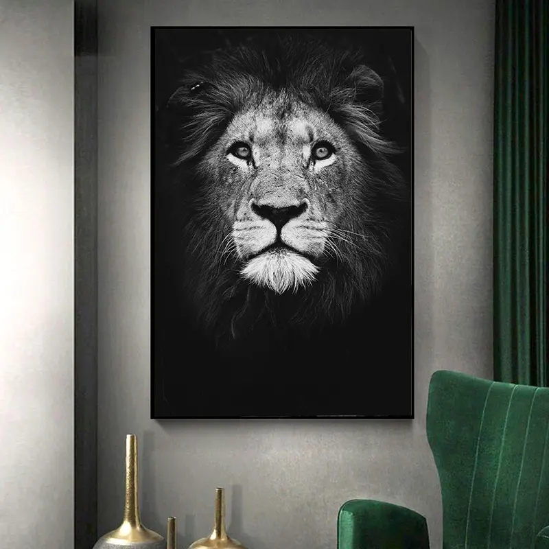 Peinture sur toile en noir et blanc avec Lion, Art moderne Zoo, décor décoratif de salon, calligraphie et imprimés