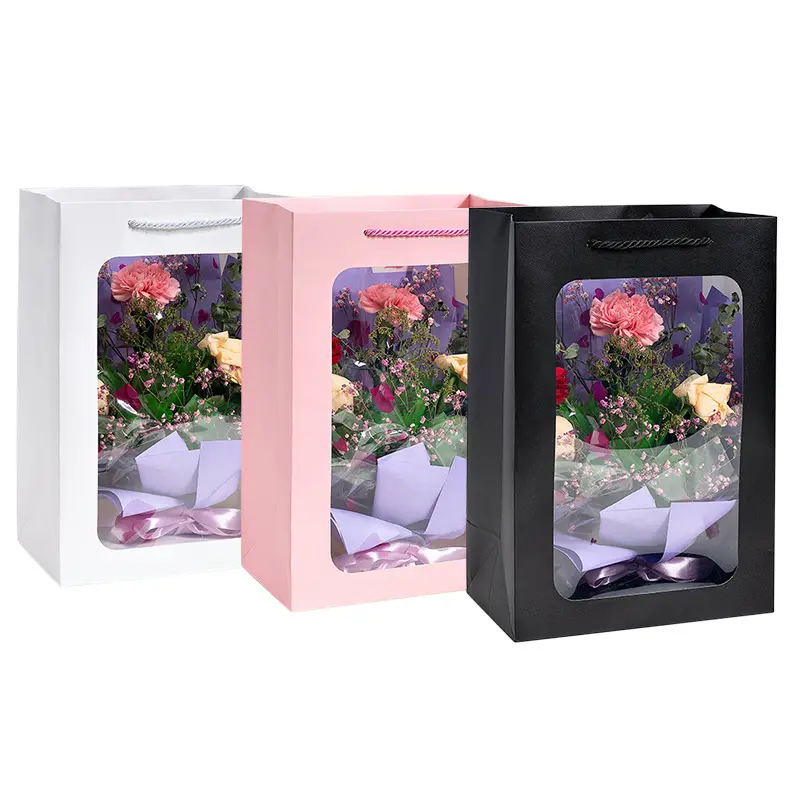 ช่อดอกไม้แบบพกพาบรรจุภัณฑ์ถุงของขวัญดอกไม้ที่ชัดเจนด้วยหน้าต่างพีวีซีที่ชัดเจน