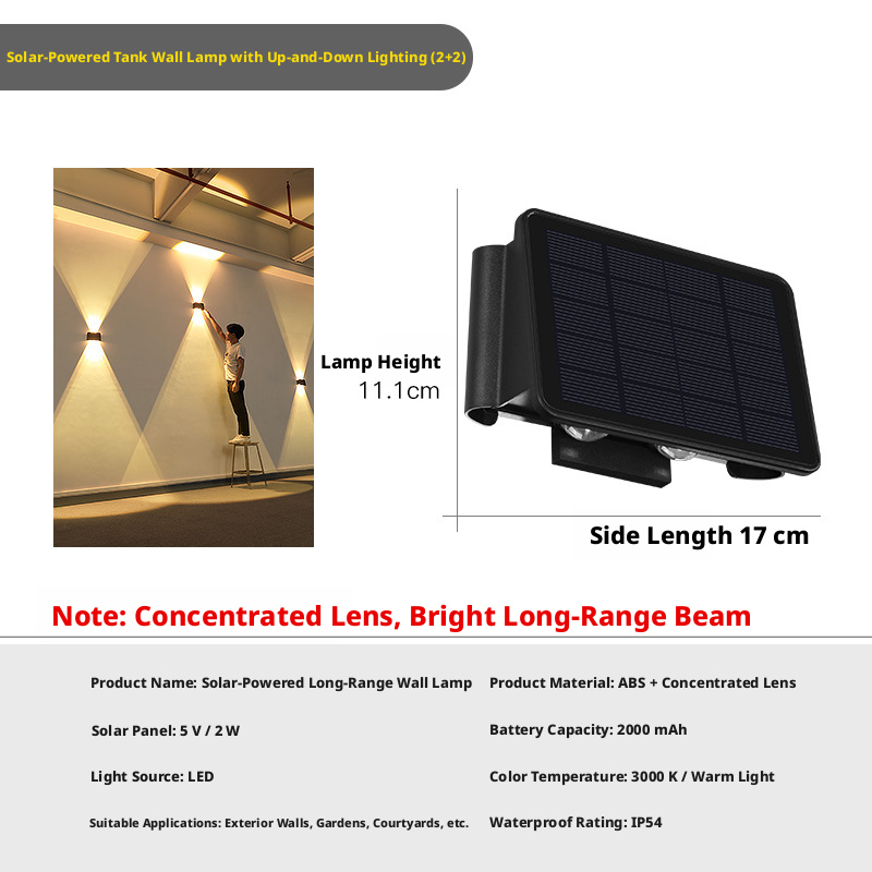 Energía solar / Iluminación ascendente y descendente de 2 cabezales / Luz cálida