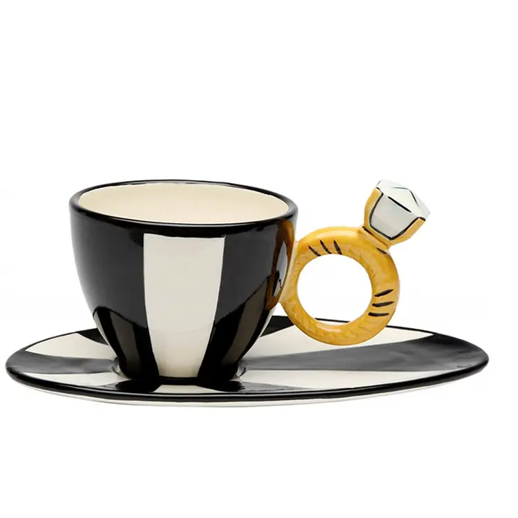 ceramic coffee mugs Black and White Cup and Saucer Featuring Ring Holder, 3-1/4-Inch, 8-1/8-Inch Long