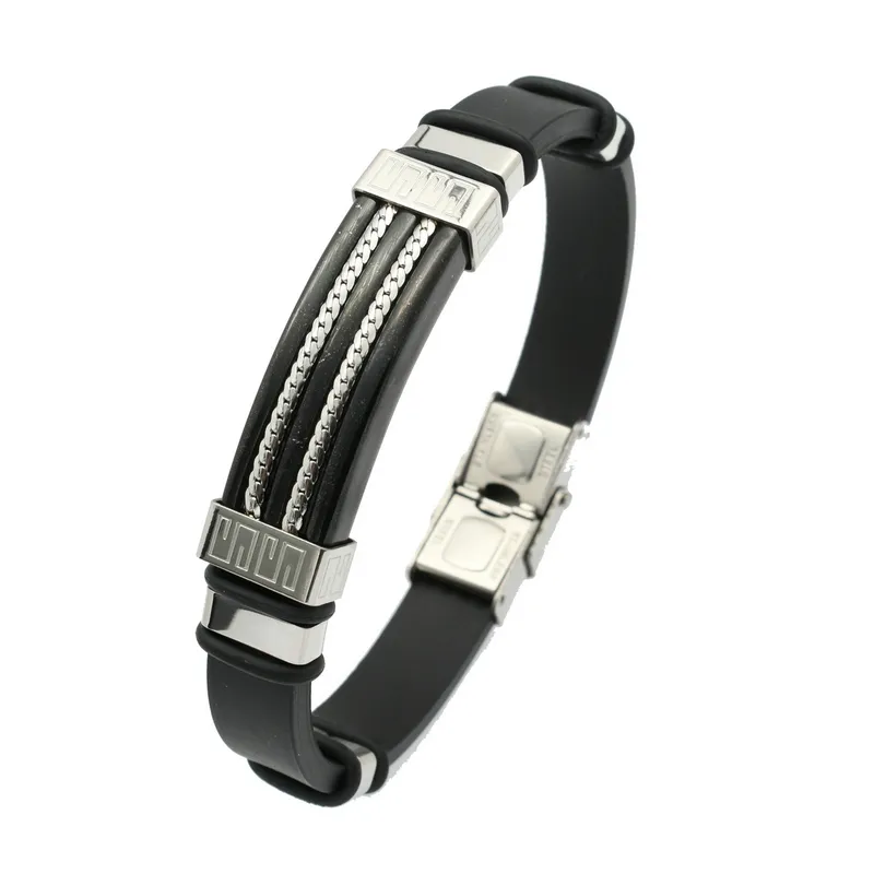 Braccialetto da uomo in acciaio inossidabile 316L in gomma nera stile Punk nuovo braccialetto in Silicone con ciondoli