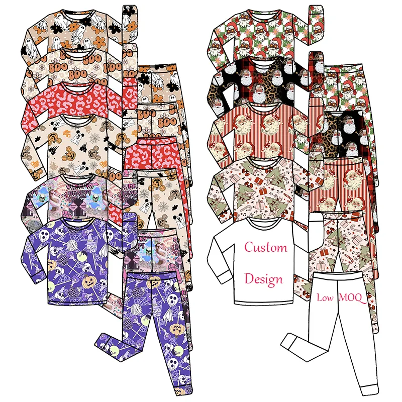 Nueva llegada niños dos piezas pjs personalizado Halloween Navidad impresión niños conjuntos de pijamas de Bambú