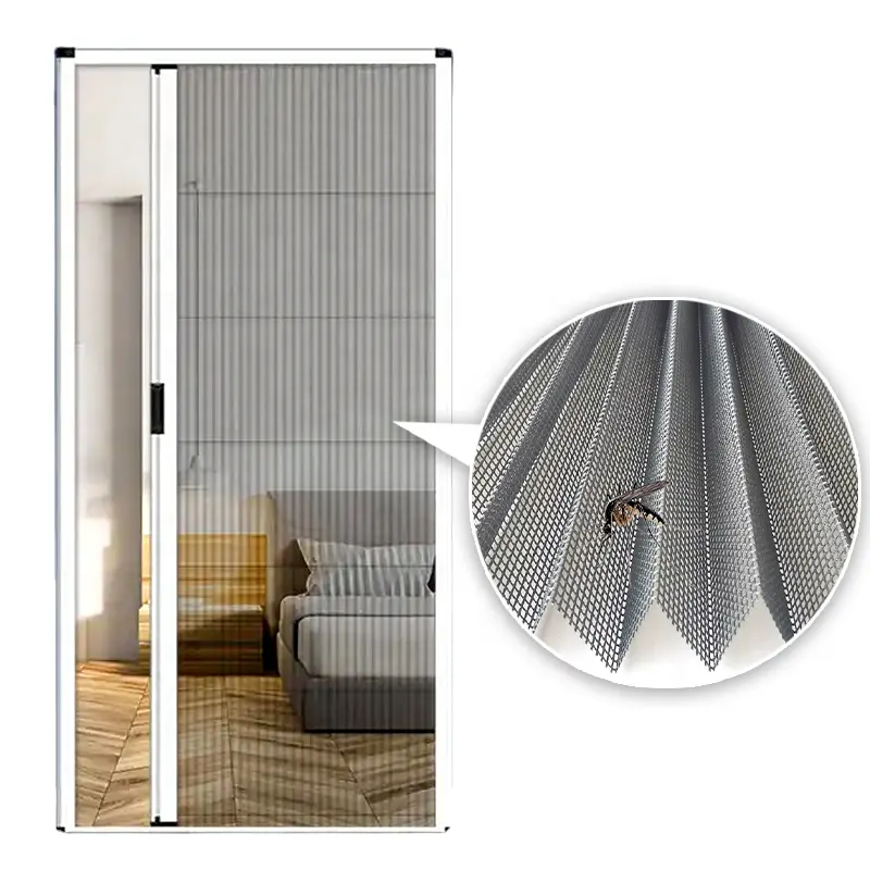 Cadre en aluminium Plisse Moustiquaire Porte coulissante pliante à rail bas Polyester plissé Maille Fenêtre rétractable Porte moustiquaire