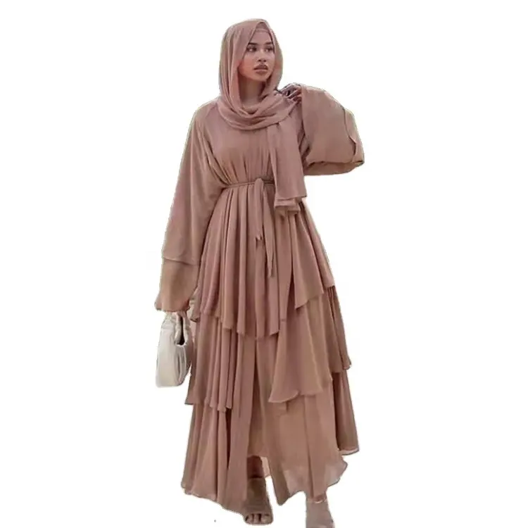 Dubai Kalkoen Arab Oman Elegante Chiffon Kimono Voor Vrouwen Moslim Effen Kleur 3 Lagen Open Islamitische Kleding Moslim Jurken Abaya