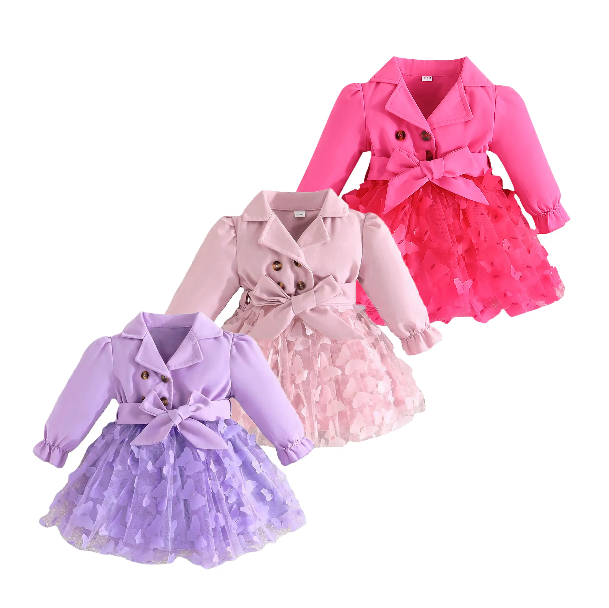 NEU Hot Selling Langarm 3D Schmetterling Mesh Infant Girl Kleid Hot Pink Baby Kleid Herbst Winter Mädchen Kleidung