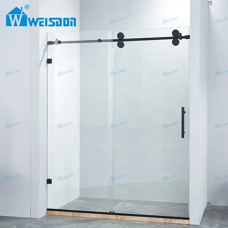Weisdon Factory Direct Stainless Steel Matte Black Shower Room Sliding Frameless Tempered Glass Shower Door