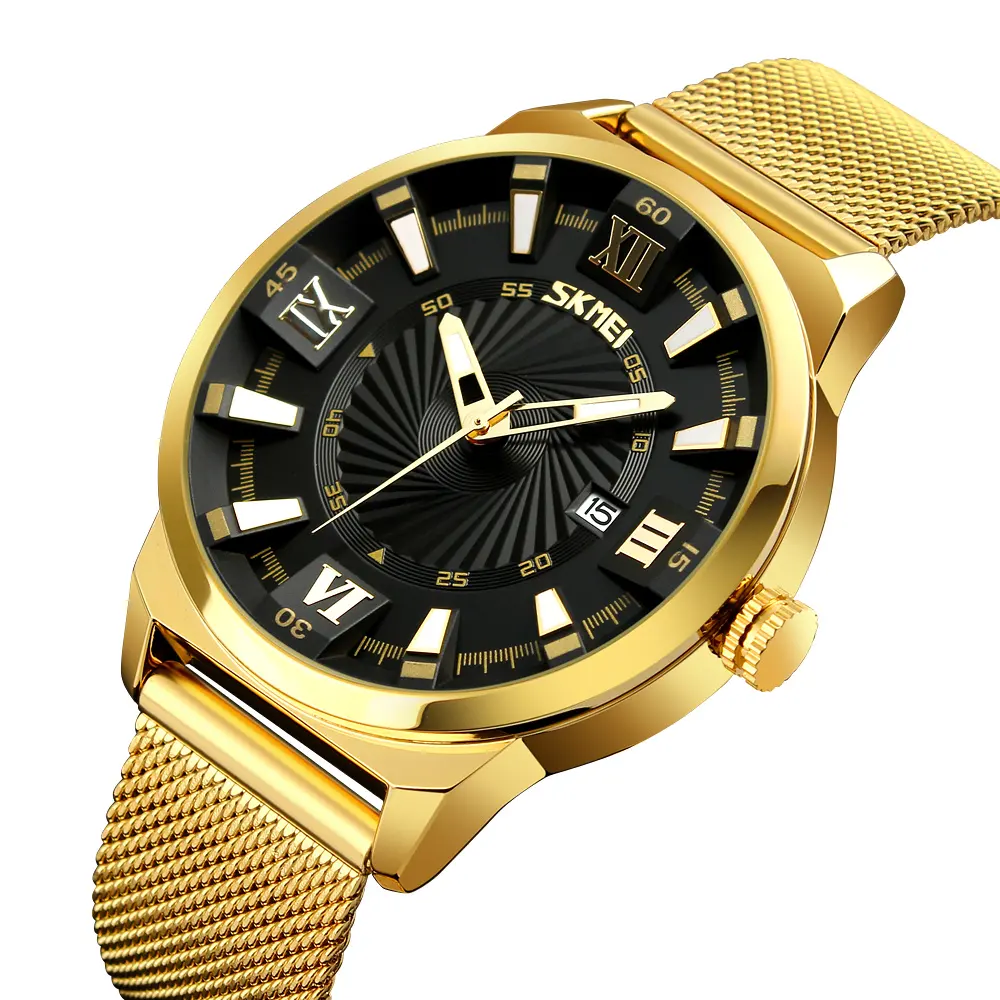 Luxury SKMEI 9166 Gold Plated Mens Watches Japan Movement Stainless Steel Quartz Wristwatch